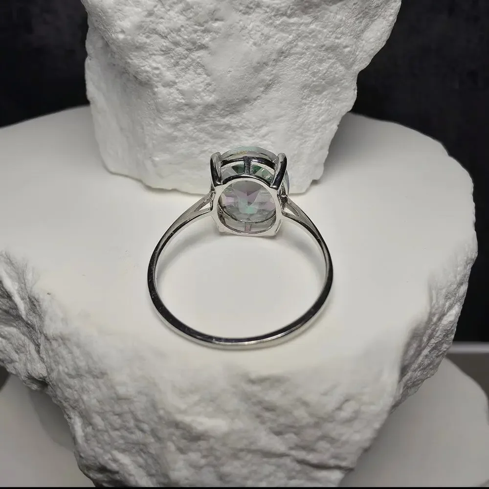Genuine Oval Mystic Topaz Solitaire Ring in 925 Sterling Silver – Size 8